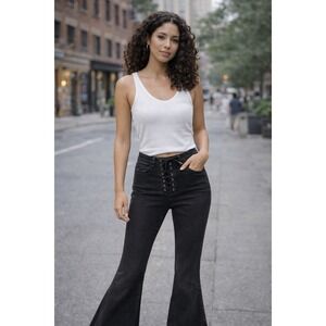 Flying Monkey Women Faded Black Lace Up High Rise Flare Jeans Distressed Raw Hem